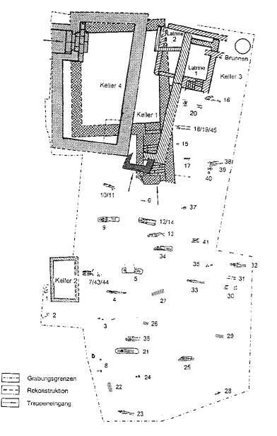 Lageplan der freigelegten Mauern und Skelette Lageplan der freigelegten Mauern und Skelette